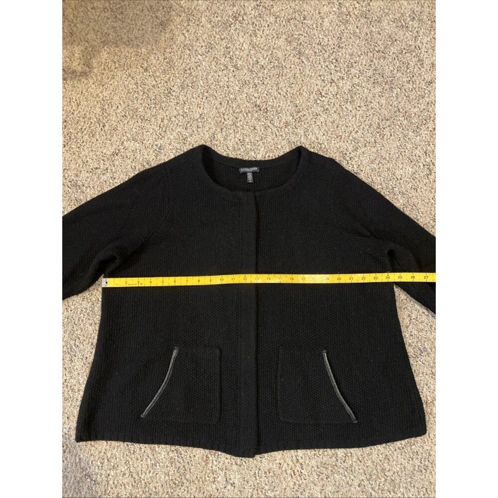 Eileen Fisher Black Full Zip Knit Yak Wool Leather Trim Sweater Size: 2X - Picture 8 of 9